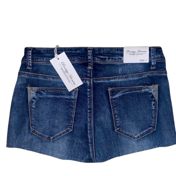PRESTIGE DENIM Micro Mini Skirt w/Raw Cut Hem, Lace Embellishments BLUE Size 7 - Picture 2 of 6